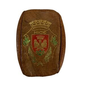 Vintage Leather Coin‎ Purse Souvenir from Nice France Hand Painted Crest 1950s